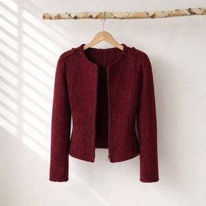 CAbi Women’s 6 Burgundy Bouclé Zip Front Cropped Jacket Textured Raw Edge Career